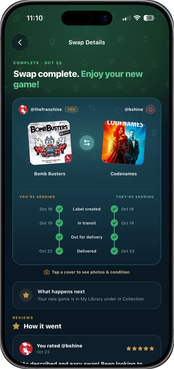 Swap Details — swap complete, with both reviews