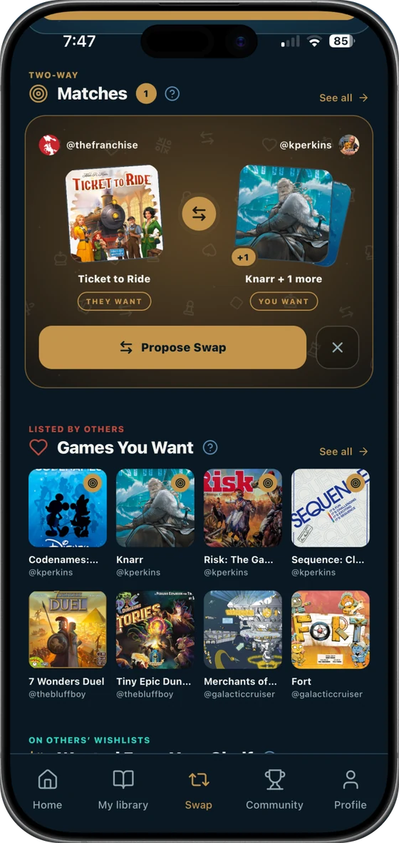 Swap Center — a two-way match and games you want, listed by others