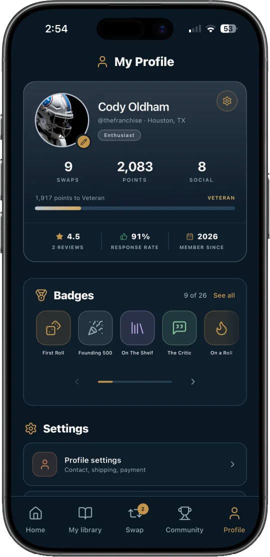 Profile — badges, points and tier progress