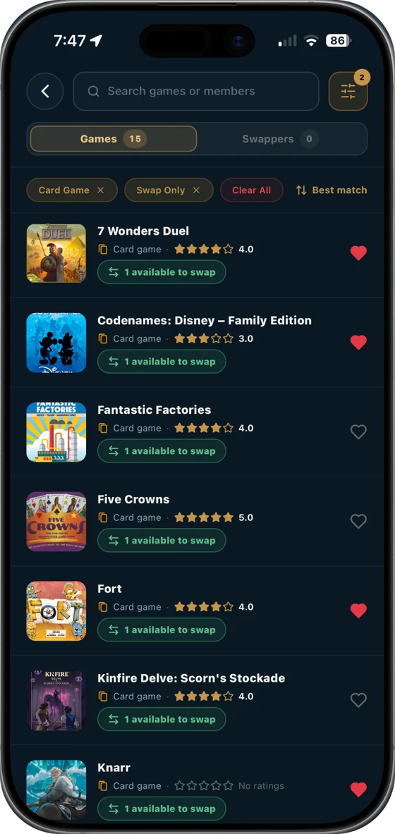 Search — card games available to swap, with ratings
