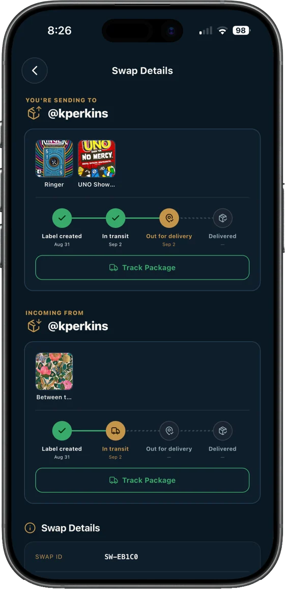 Swap Details — both packages tracked from label to delivery