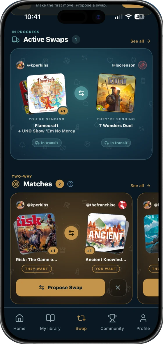 Swap Center — an active swap in transit and your two-way matches